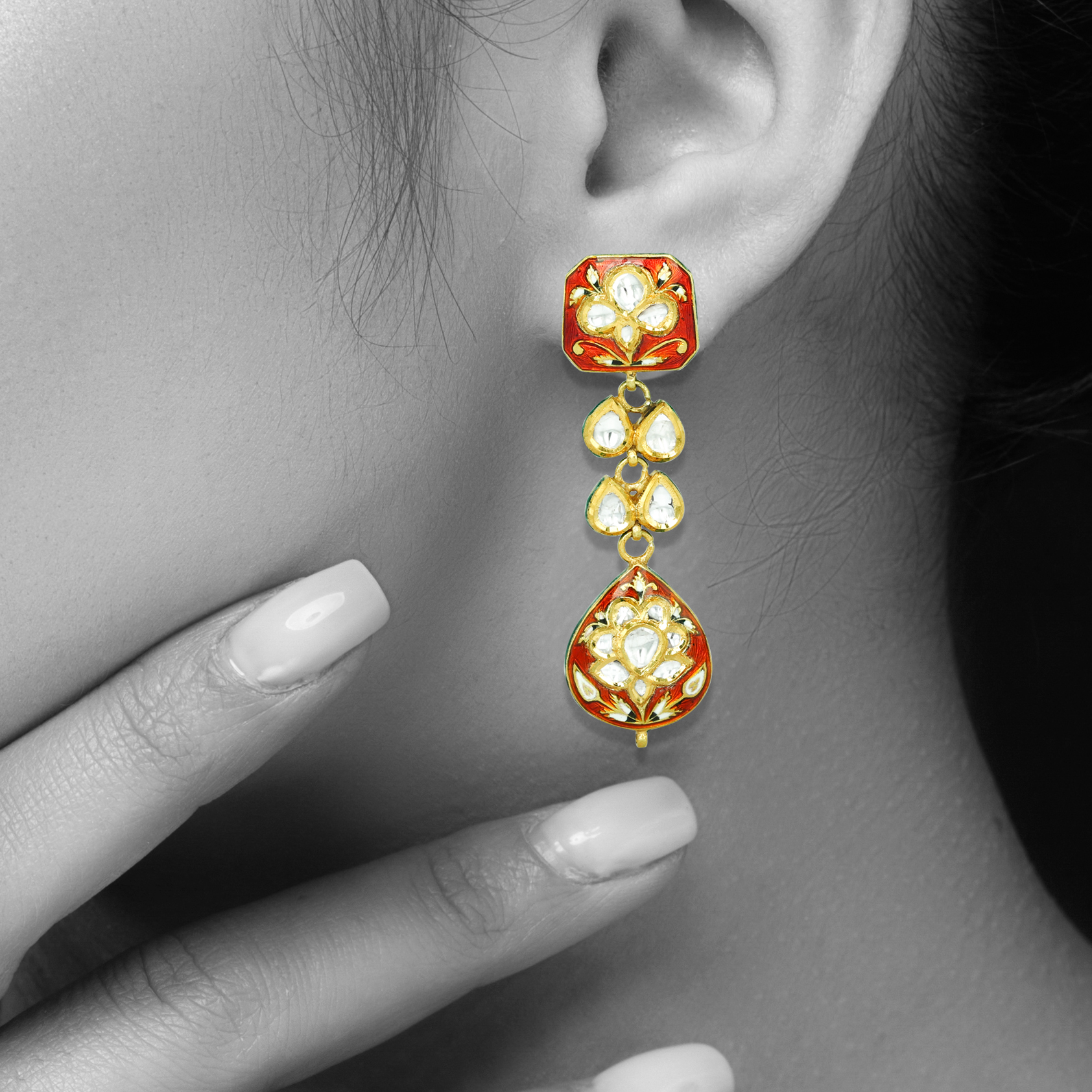 Polki Teardrop Earrings with Red Enamel